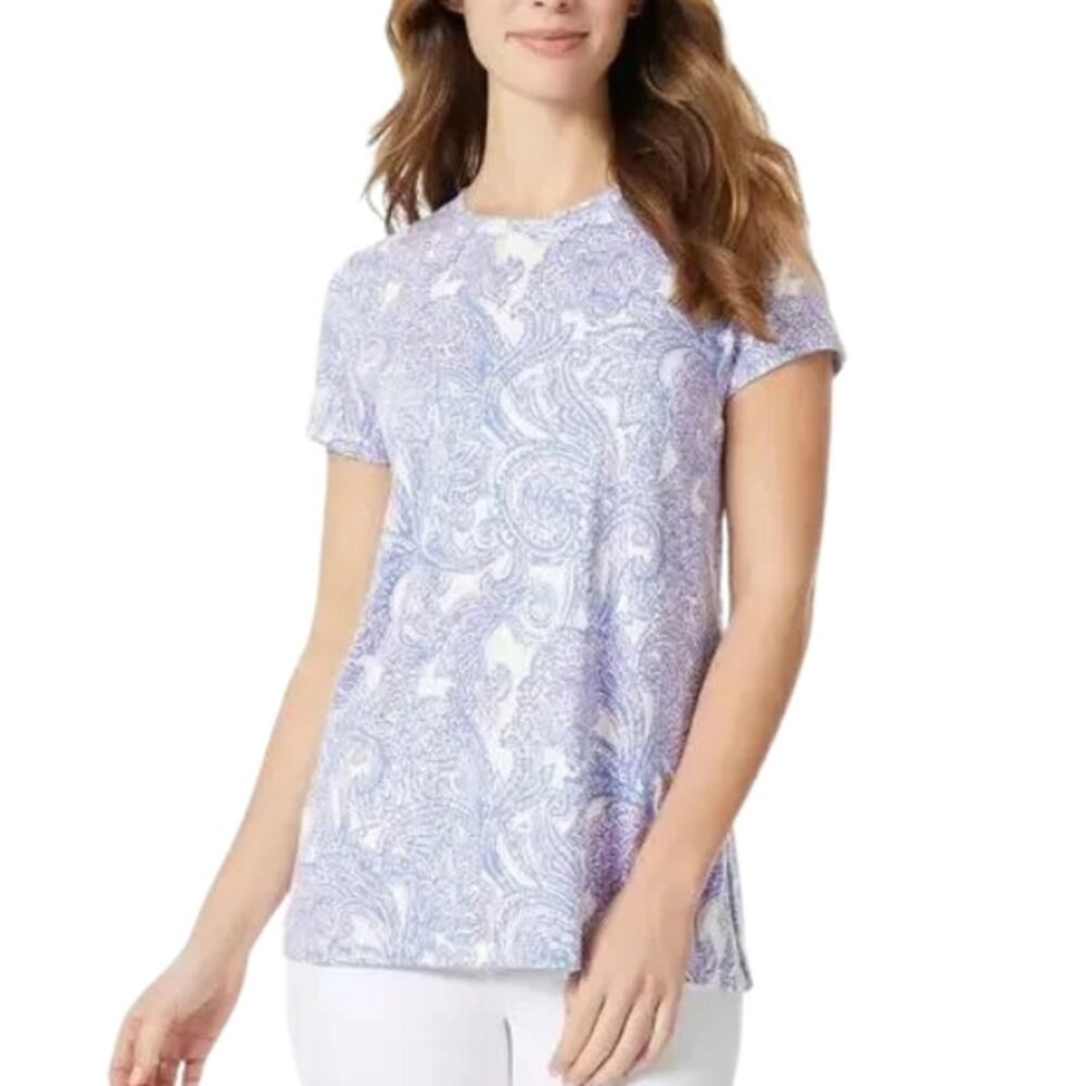 Jones New York Paisley Blouse Short Sleeves Crew Neck Blue Purple Women's 1X NWT